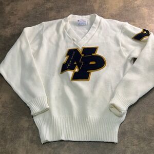 East-Tenn Letterman Sweater Mens 40 White Quiz Bowl Varsity V-Neck Tennis Collar